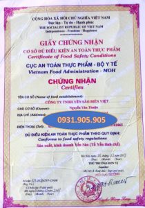 Giấy chứng nhận bộ y tế yến sào biển việt